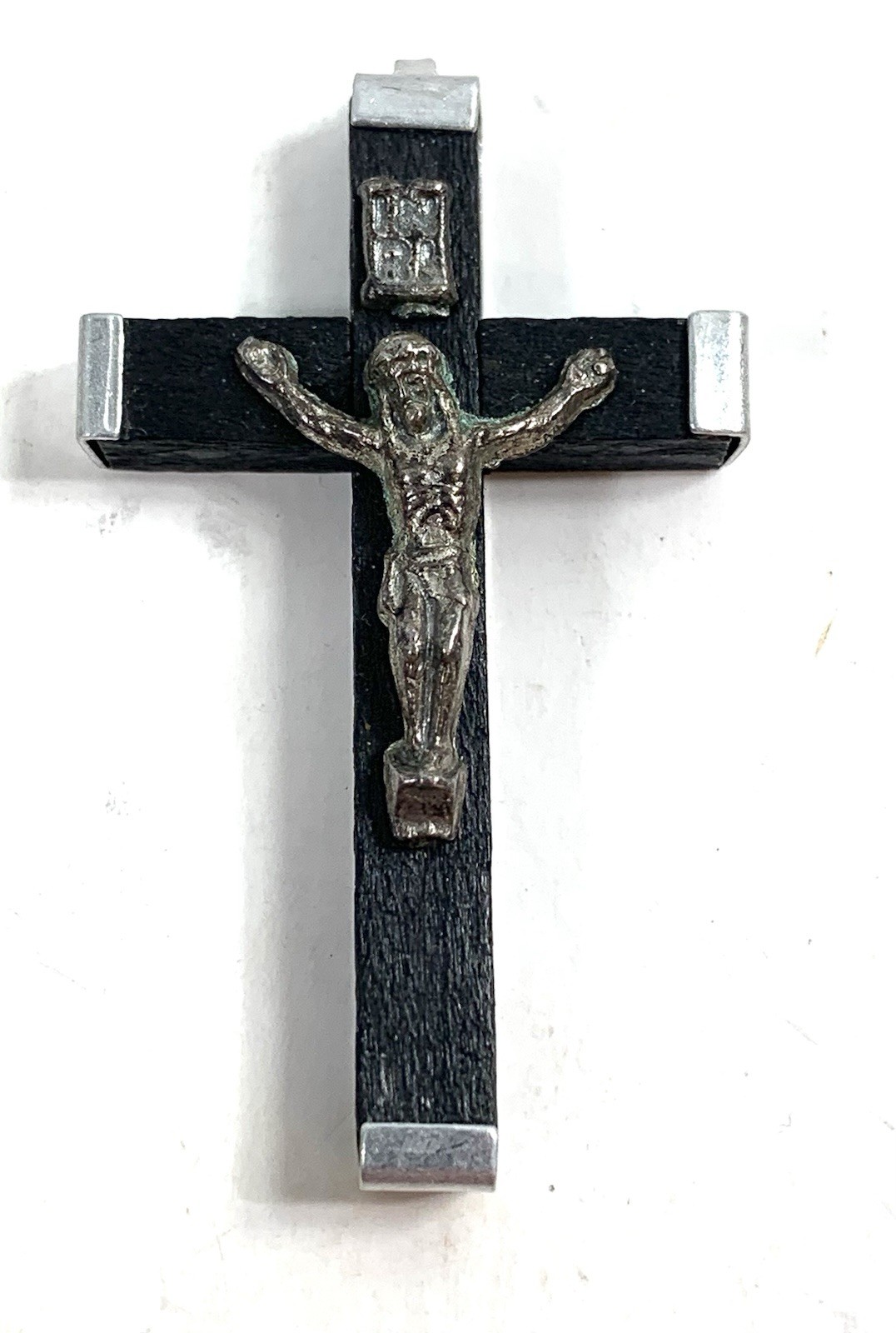 Antique Vtg Ebony Wood Silver INRI Cross Rosary Crucifix Pendant ITALY Antique Vtg Ebony Wood Silver INRI Cross Rosary Crucifix Pendant ITALY