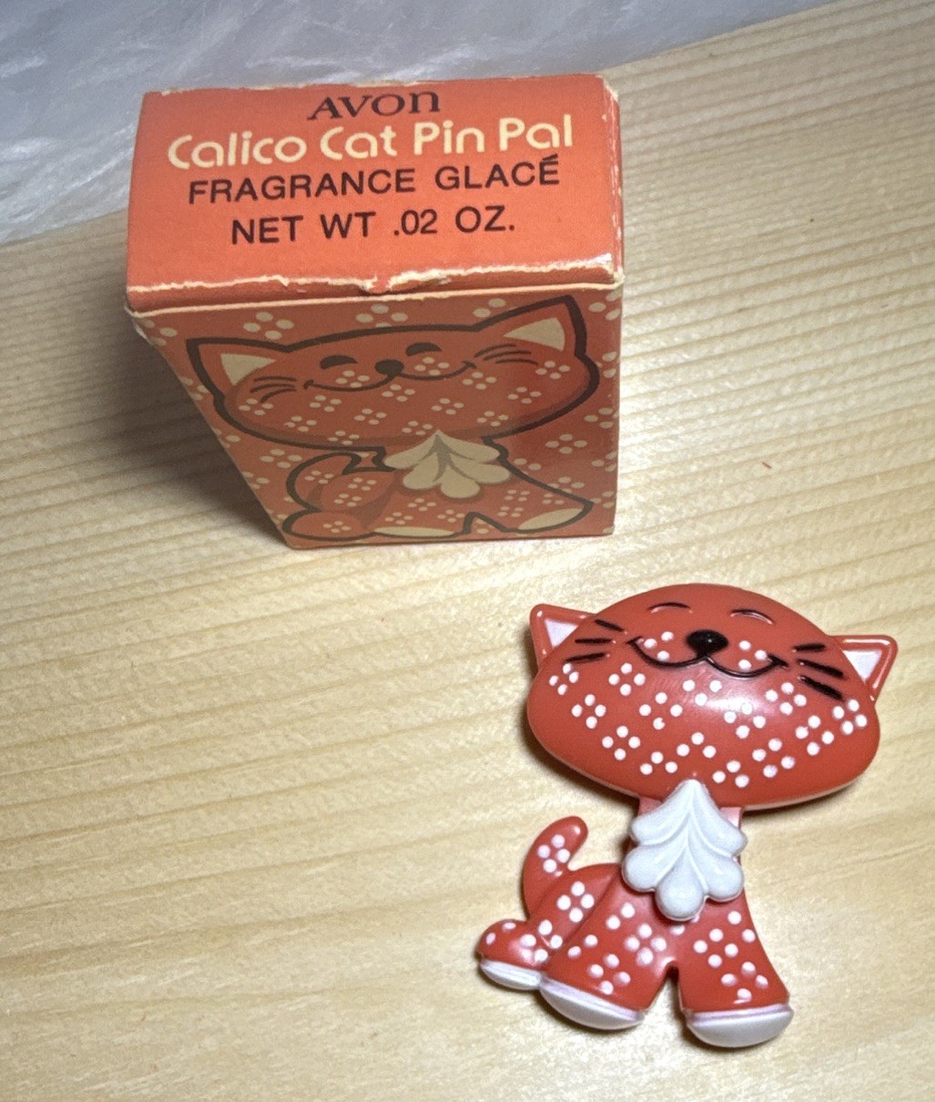 Vintage 1973 Avon Calico Cat Pin Pal Fragrance Perfume Glacé NOS