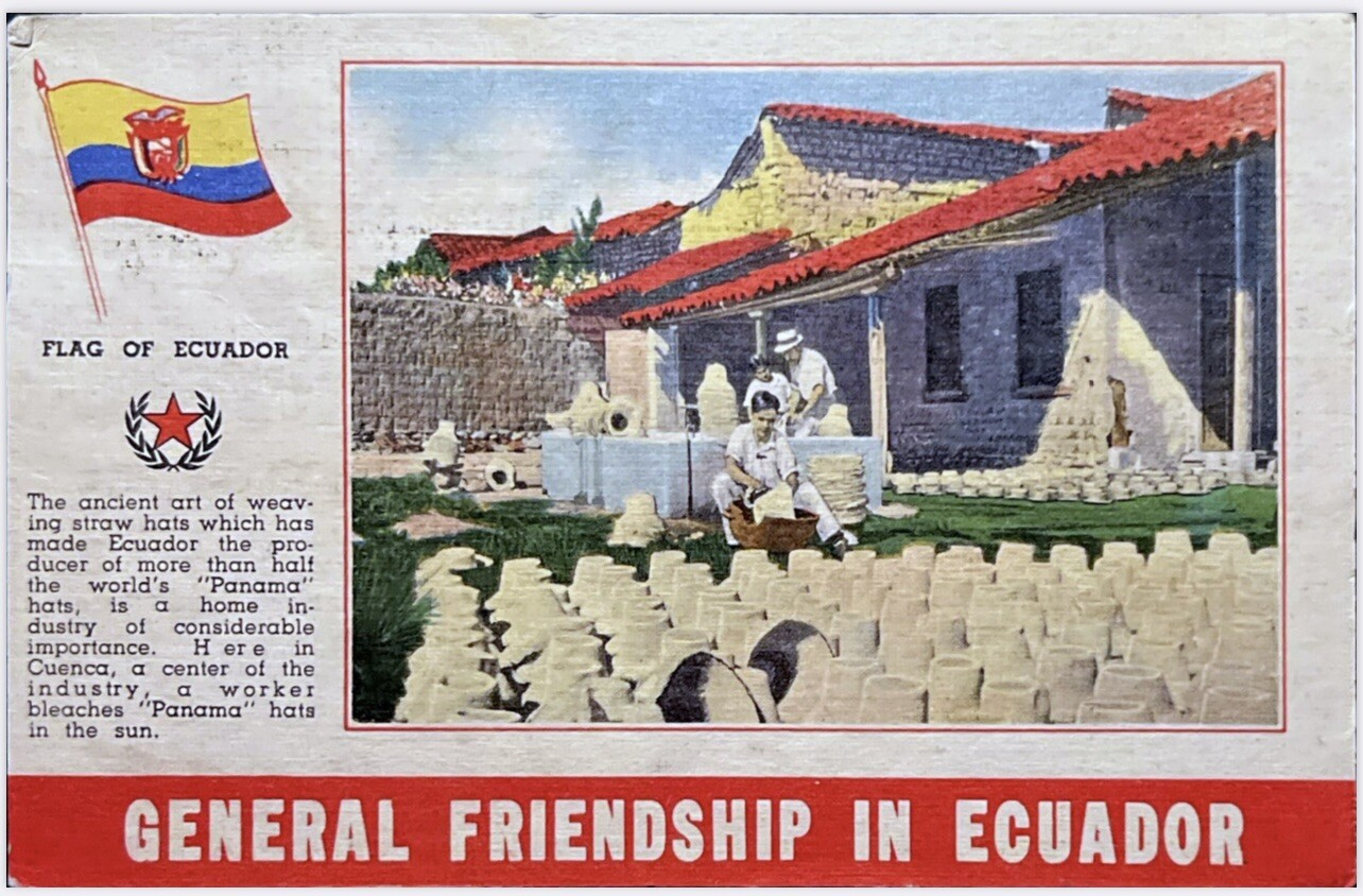 Ecuador Postcard Flag of Ecuador Weaving Straw Hats General Friendship c1930's Ecuador Postcard Flag of Ecuador Weaving Straw Hats General Friendship c1930's
