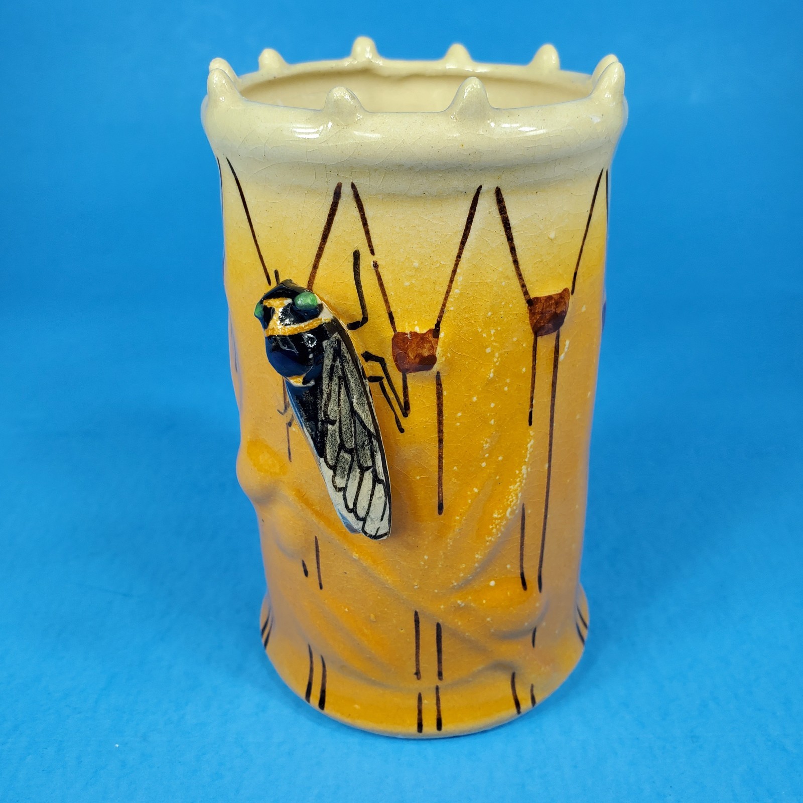 French Sicard "Cicada" Vase Faience Majolica 4.5" Old Earthenware Vallauris VG+