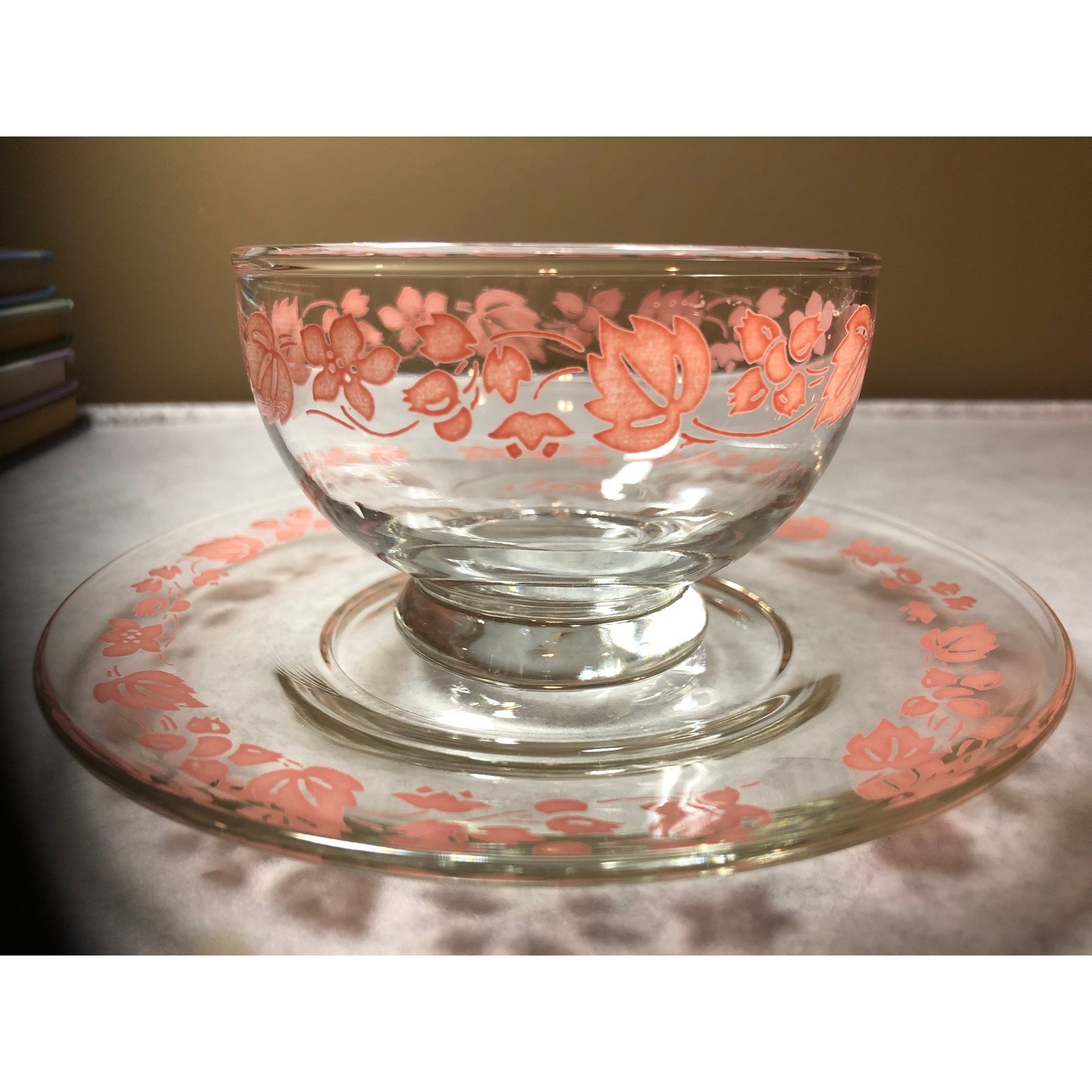 Vintage Pink Gooseberry Glass Sherbet Bowl & Saucer Set Coquette Cottagecore MCM Vintage Pink Gooseberry Glass Sherbet Bowl & Saucer Set Coquette Cottagecore MCM