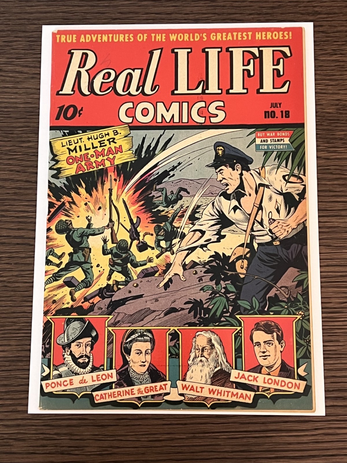 Real Life Comics #18 (1944). Beautiful WWII war-c by Alex Schomburg. Radiant