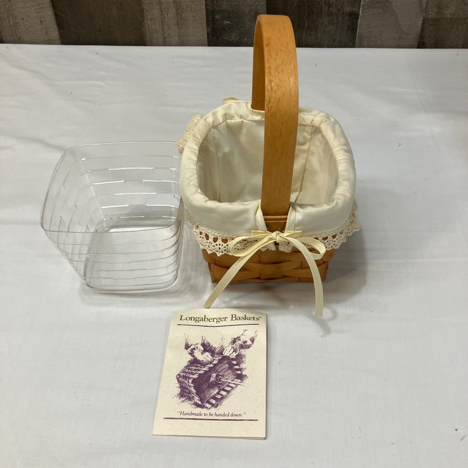 Longaberger 1993 Small Peg Basket 11452 Handwoven Wood Lace Liner & Protector Longaberger 1993 Small Peg Basket 11452 Handwoven Wood Lace Liner & Protector