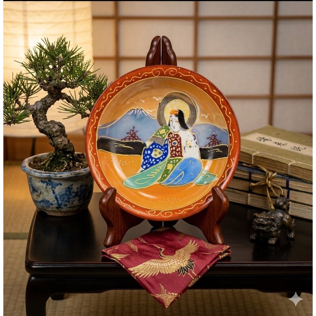 Vintage Hand Painted Japanese Moriage Plate Geisha Mount Fuji Porcelain H Mark Vintage Hand Painted Japanese Moriage Plate Geisha Mount Fuji Porcelain H Mark