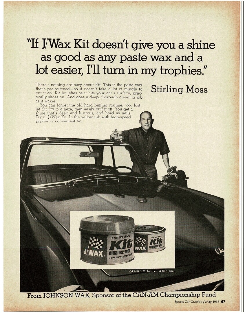 1968 Johnson J WAX KIT car wax STIRLING MOSS with Mercedes 280SL Vintage Ad 