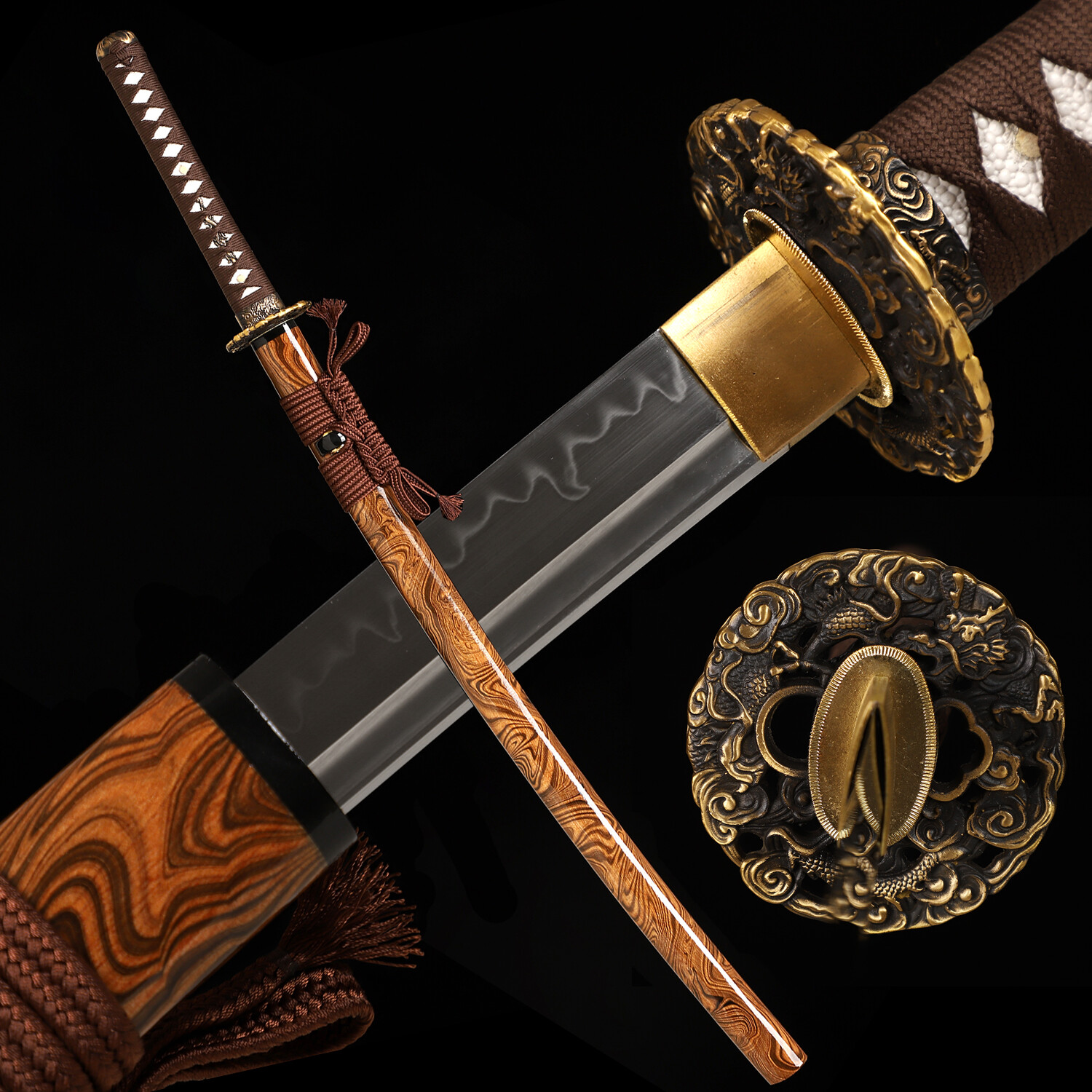 Katana Japanese Samurai Sword T10 Steel Clay Tempered Full Tang Sharp Brown Saya Katana Japanese Samurai Sword T10 Steel Clay Tempered Full Tang Sharp Brown Saya