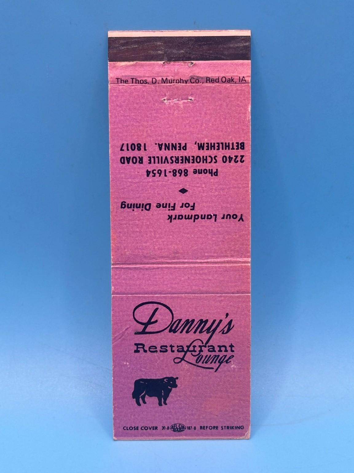 Vintage Danny's Restaurant Lounge Bethlehem PA Matchbook The Thos D Murphy