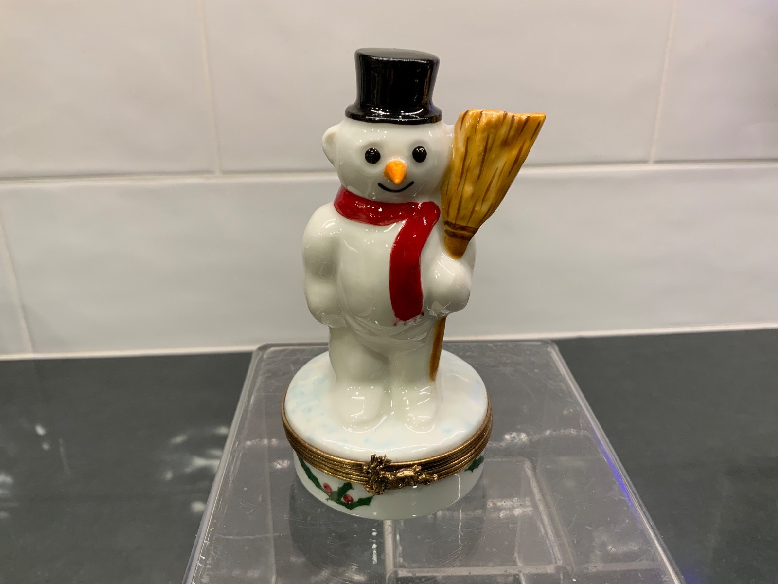Vintage Limoges Snowman w/ a Carrot Nose, holding Broom 3.75" Trinket Box Vintage Limoges Snowman w/ a Carrot Nose, holding Broom 3.75" Trinket Box