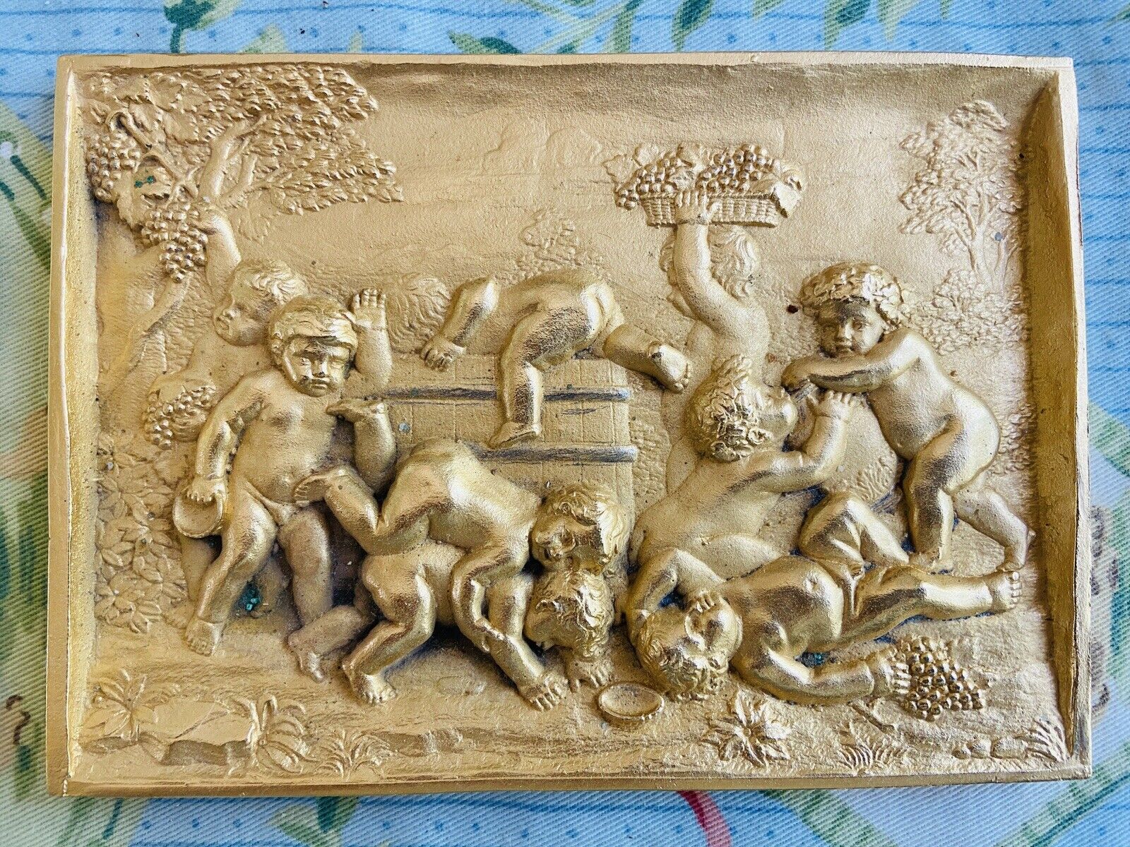 Rare 19th C PAIR Bronze Plaques Of Bacchus, Cherubs Drinking Wine,Solid Bronze