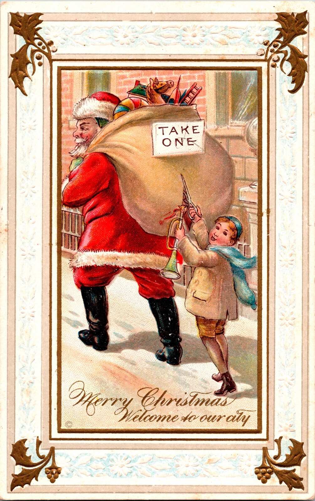 Vintage Santa Claus Boy Stealing, Toys Bugle from Bag Christmas Postcard UNUSUAL Vintage Santa Claus Boy Stealing, Toys Bugle from Bag Christmas Postcard UNUSUAL