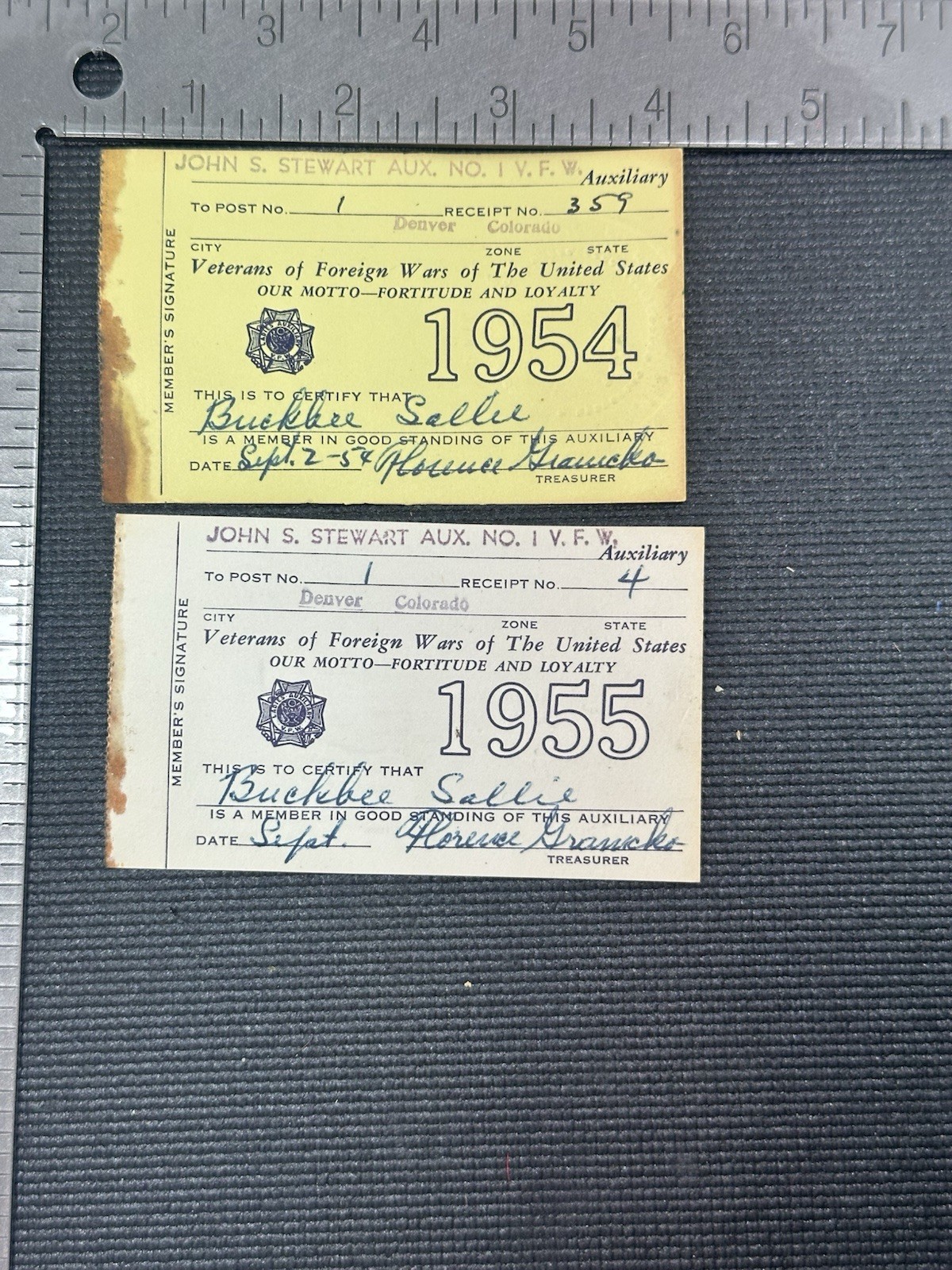 1954 1955 VFW Auxiliary Membership Cards Denver CO John S Stewart Pair 1954 1955 VFW Auxiliary Membership Cards Denver CO John S Stewart Pair