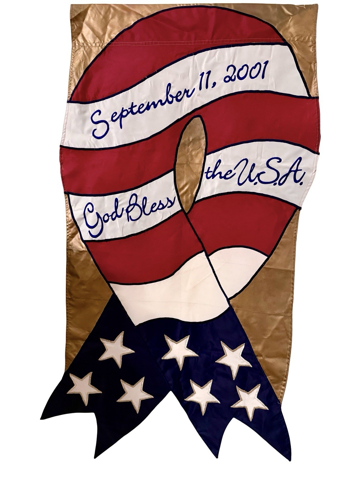 Vintage September 11 2001 USA Flag God Bless The USA STITCHED RARE 45.5” x 24.5” Vintage September 11 2001 USA Flag God Bless The USA STITCHED RARE 45.5” x 24.5”