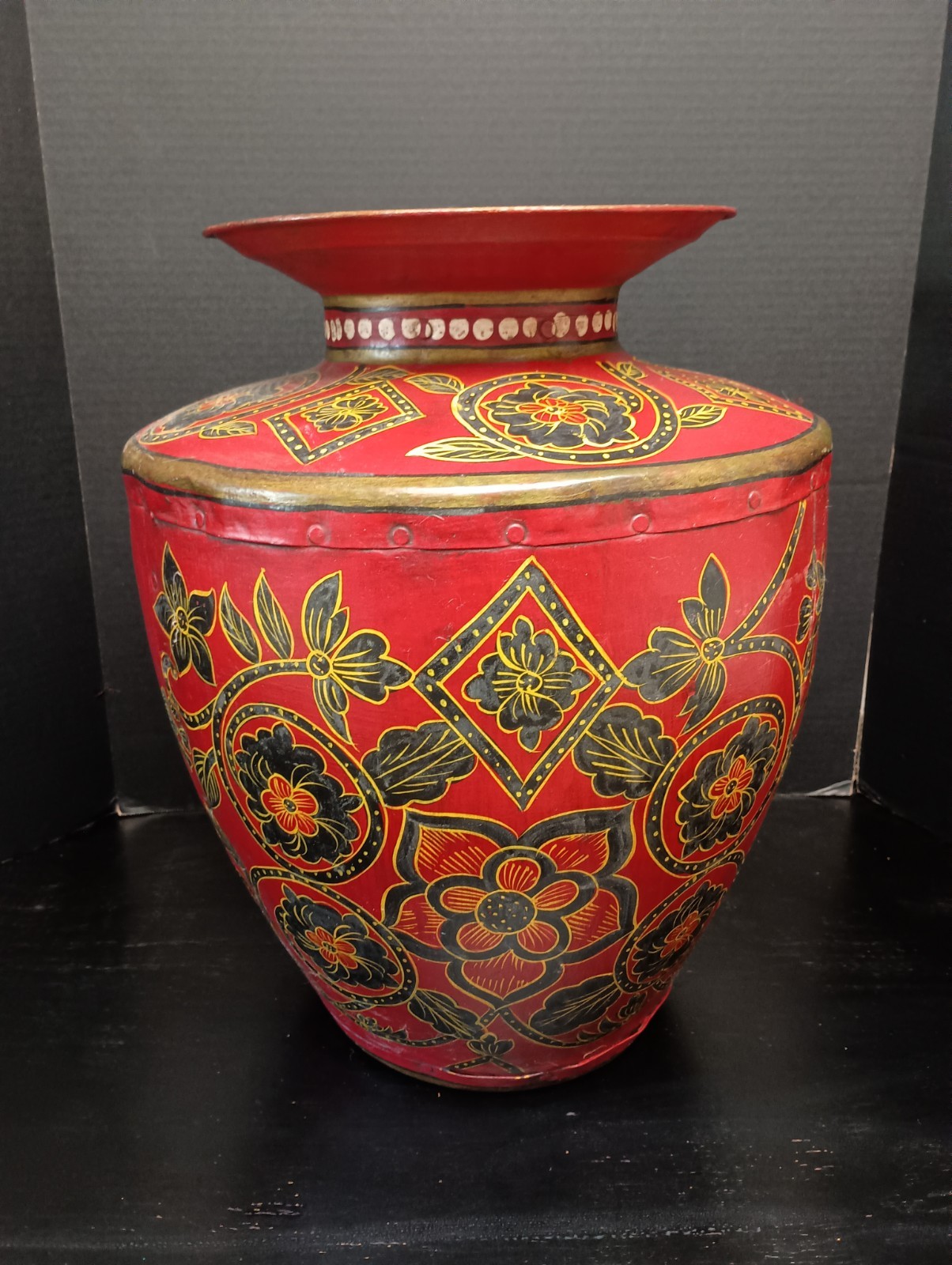 Large 18" Kashmiri Indo-Raj Red Hand-Painted Metal Jar Vessel