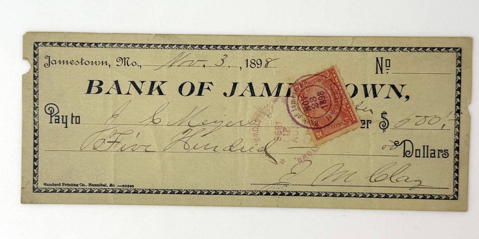 Antique 1898 Bank Check Bank of Jamestown Missouri Canceled $500 Revenue Stamp