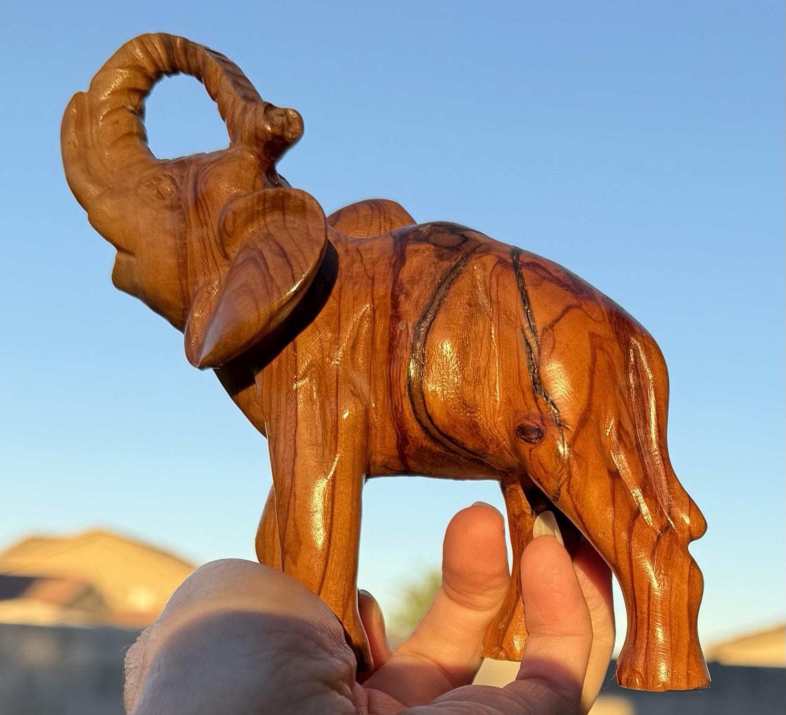 Vintage Hand Carved Olive-Wood Elephant Figurine Trunk Up Good Luck 5” Vintage Hand Carved Olive-Wood Elephant Figurine Trunk Up Good Luck 5”