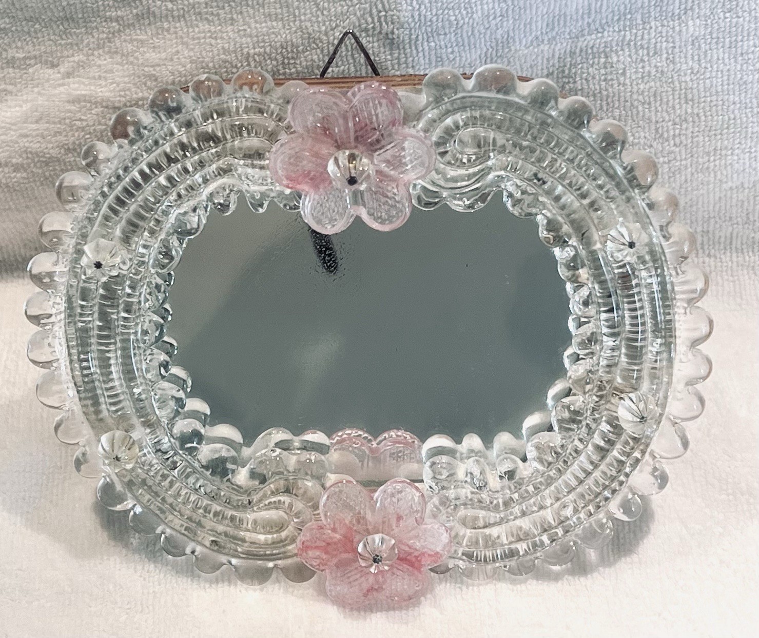 Antique Venetian Murano Glass Mirror Clear Glass with Pinkish Glass Flowers