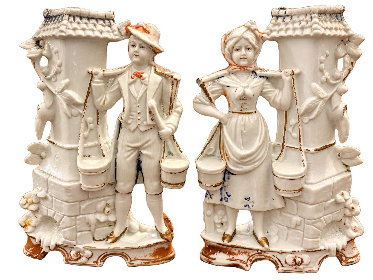 Antique Heubach Bisque Porcelain Spill Vases Pair Water Carriers Germany 6.5" Antique Heubach Bisque Porcelain Spill Vases Pair Water Carriers Germany 6.5"