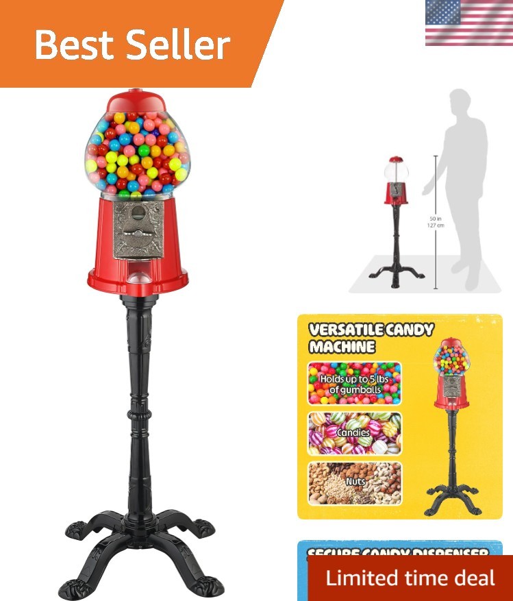 Vintage-Style Red Gumball Machine with Stand & Coin Bank - 37" Tall Elegance