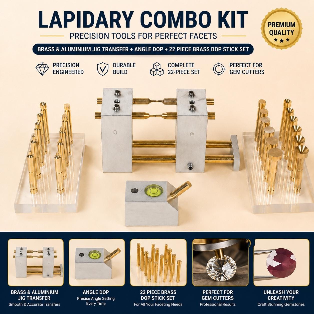 Lapidary Combo Kit – Brass & Aluminium Jig Transfer + Angle Dop + 22 Piece Lapidary Combo Kit – Brass & Aluminium Jig Transfer + Angle Dop + 22 Piece