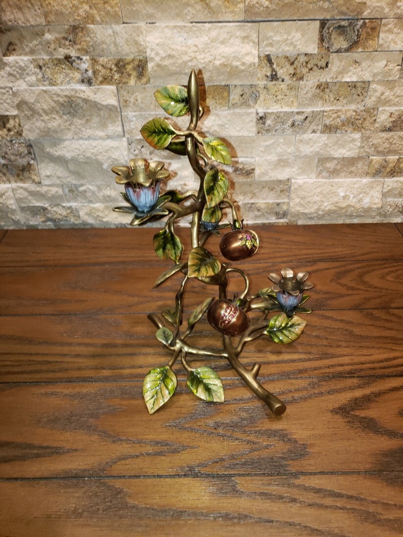RARE Triple candle JAY STRONGWATER 12" Leaf and Fruit and Bee Candle Holder