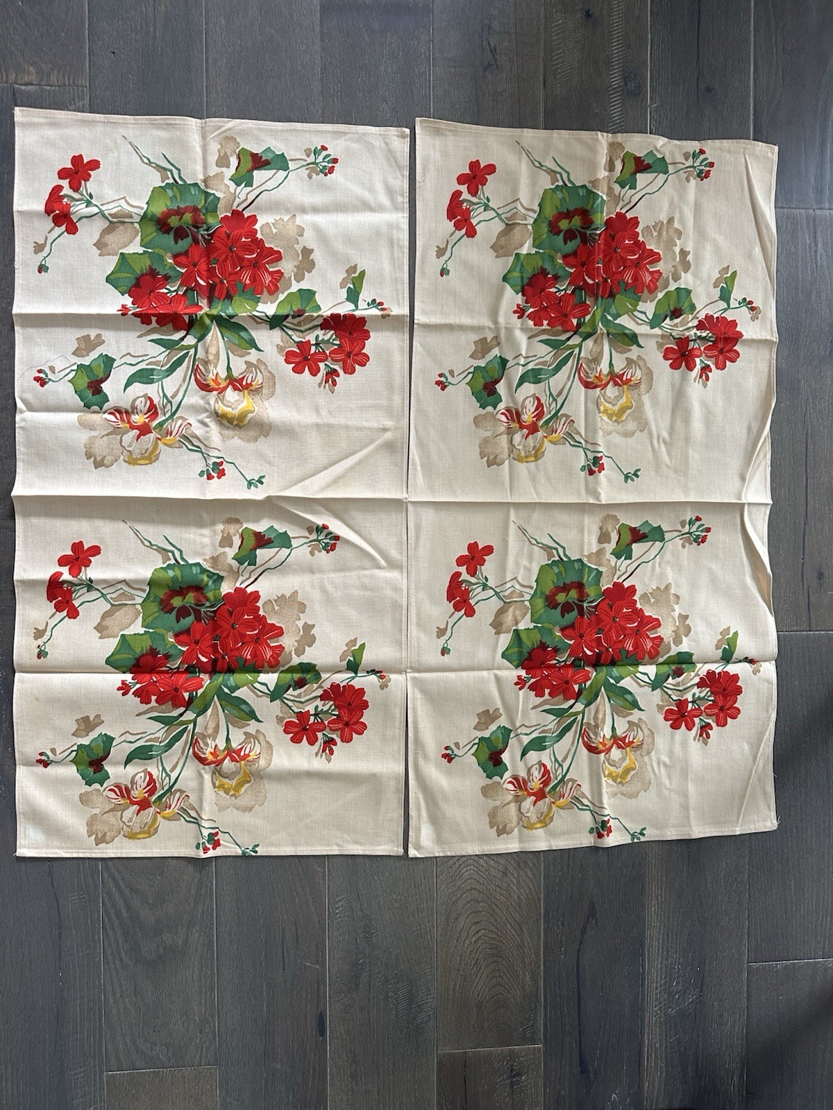 Beautiful Pair Vintage Mid-Century Floral Table Dresser Linens, New Old Stock Beautiful Pair Vintage Mid-Century Floral Table Dresser Linens, New Old Stock