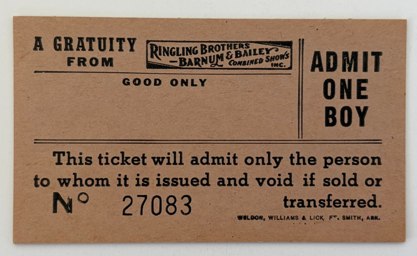 c.1930s Ringling Brothers Barnum Bailey Circus Ticket Admit One Boy c.1930s Ringling Brothers Barnum Bailey Circus Ticket Admit One Boy
