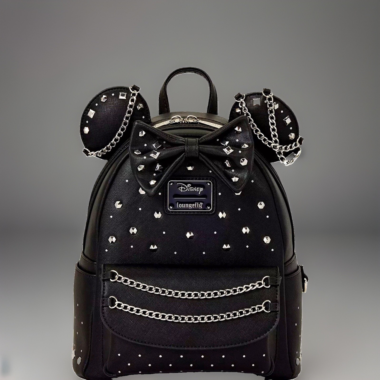 Loungefly Disney Minnie Mouse Black Studded Silver Chain Mini Backpack NEW RARE
