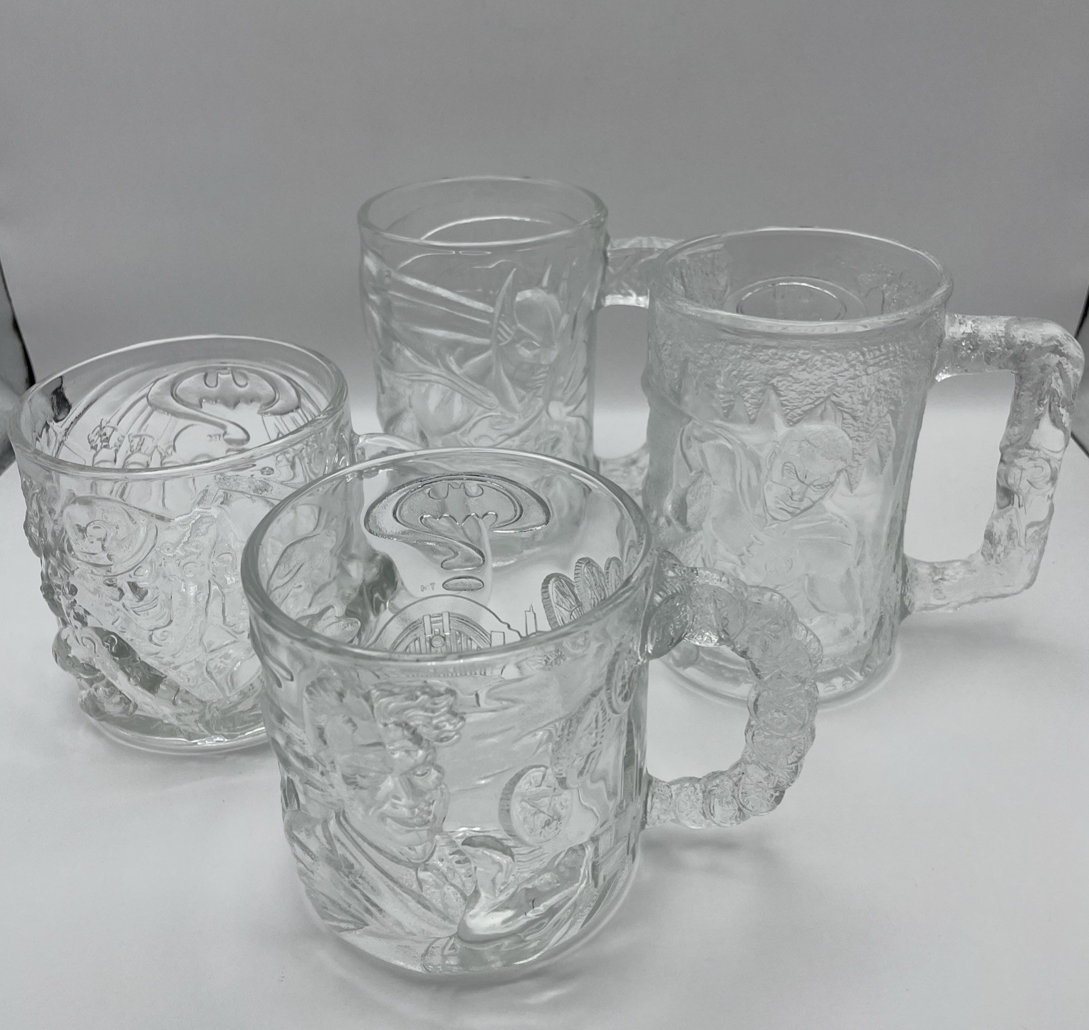 Vintage 1995 McDonalds Batman Forever Embossed Glass Set of 4 Clear Cups Mugs DC Vintage 1995 McDonalds Batman Forever Embossed Glass Set of 4 Clear Cups Mugs DC