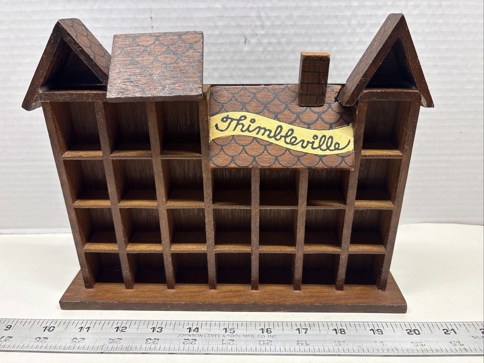 Vtg 1979 Enesco Thimbleville Miniature Shelf Wood 10” X 8”25 Slots For Thimbles Vtg 1979 Enesco Thimbleville Miniature Shelf Wood 10” X 8”25 Slots For Thimbles