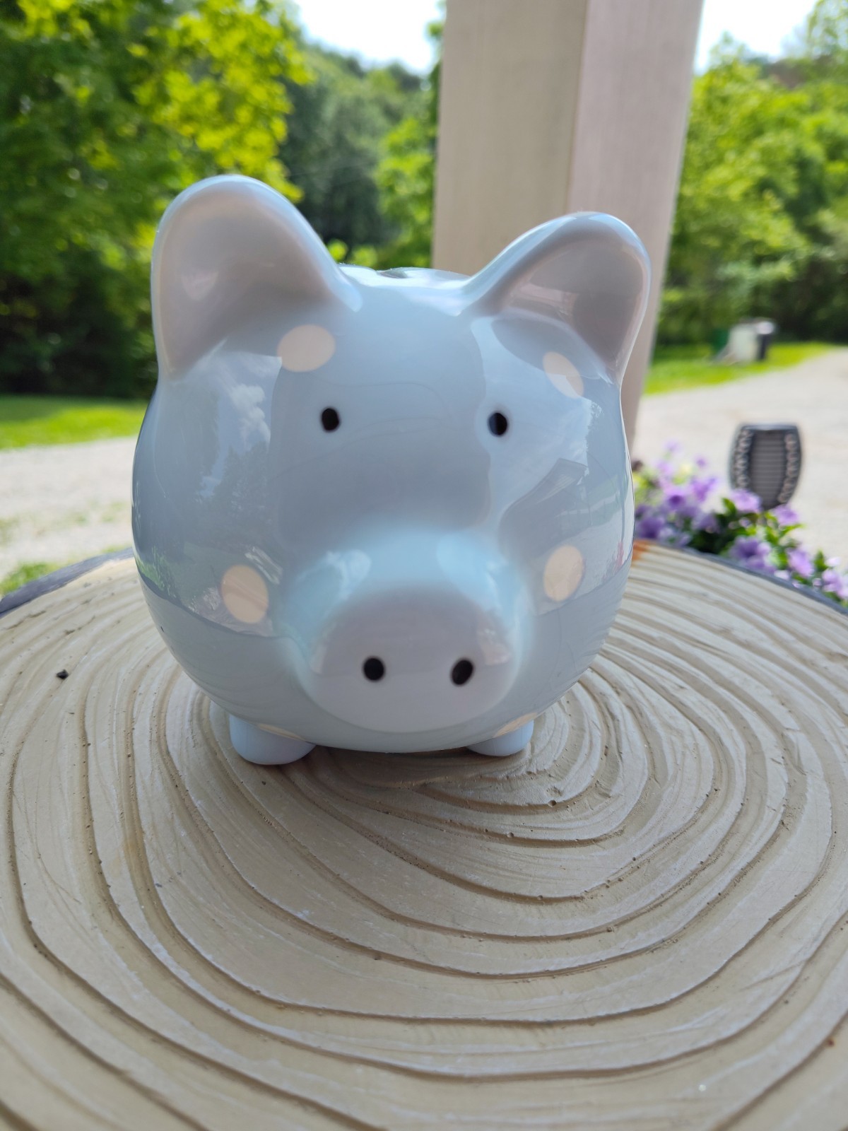 Adorable Large Ceramic Blue With White Polka Dots Piggy Bank