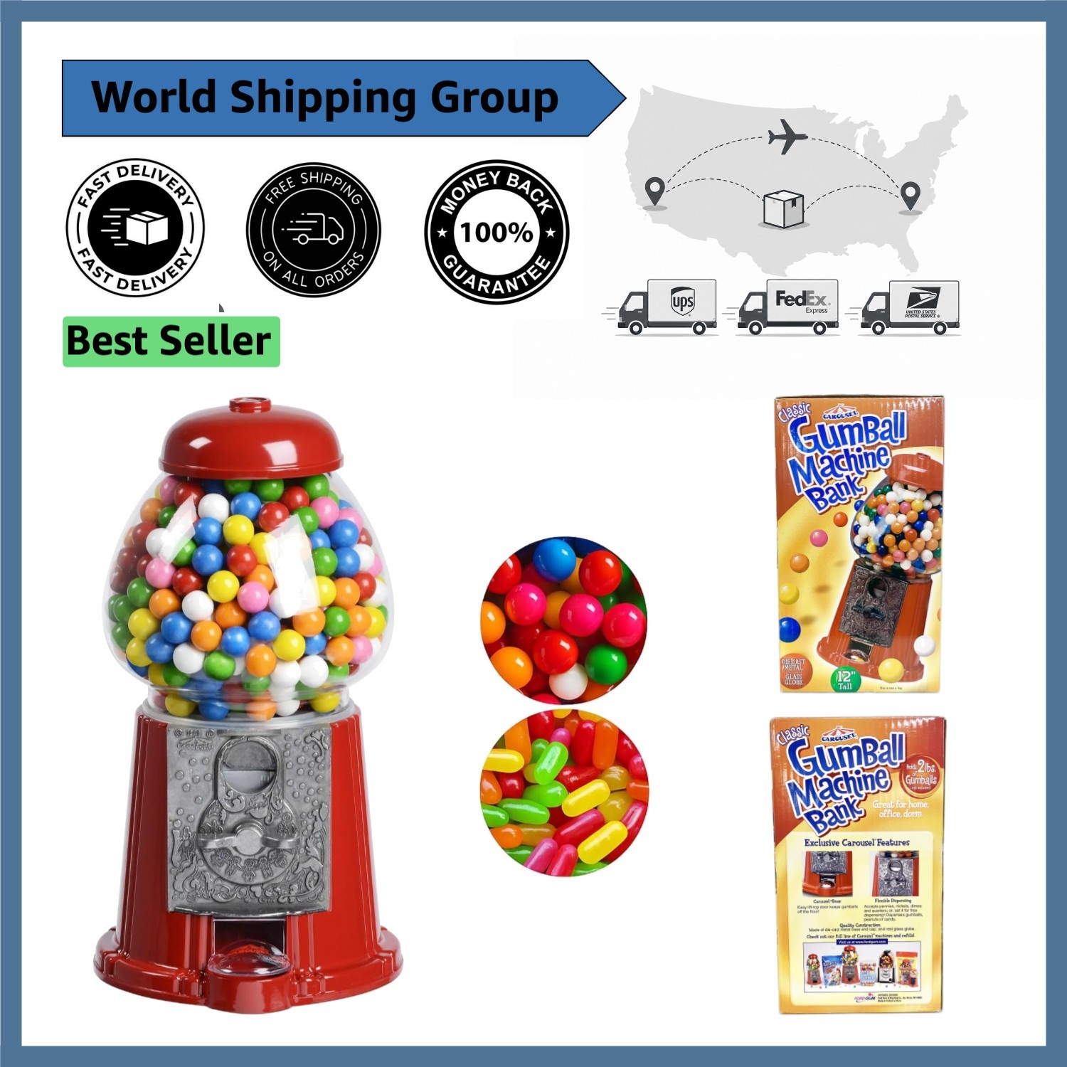12-Inch Medium Cast Iron Gumball Bank - Classic Red with Anti-Spill Feature