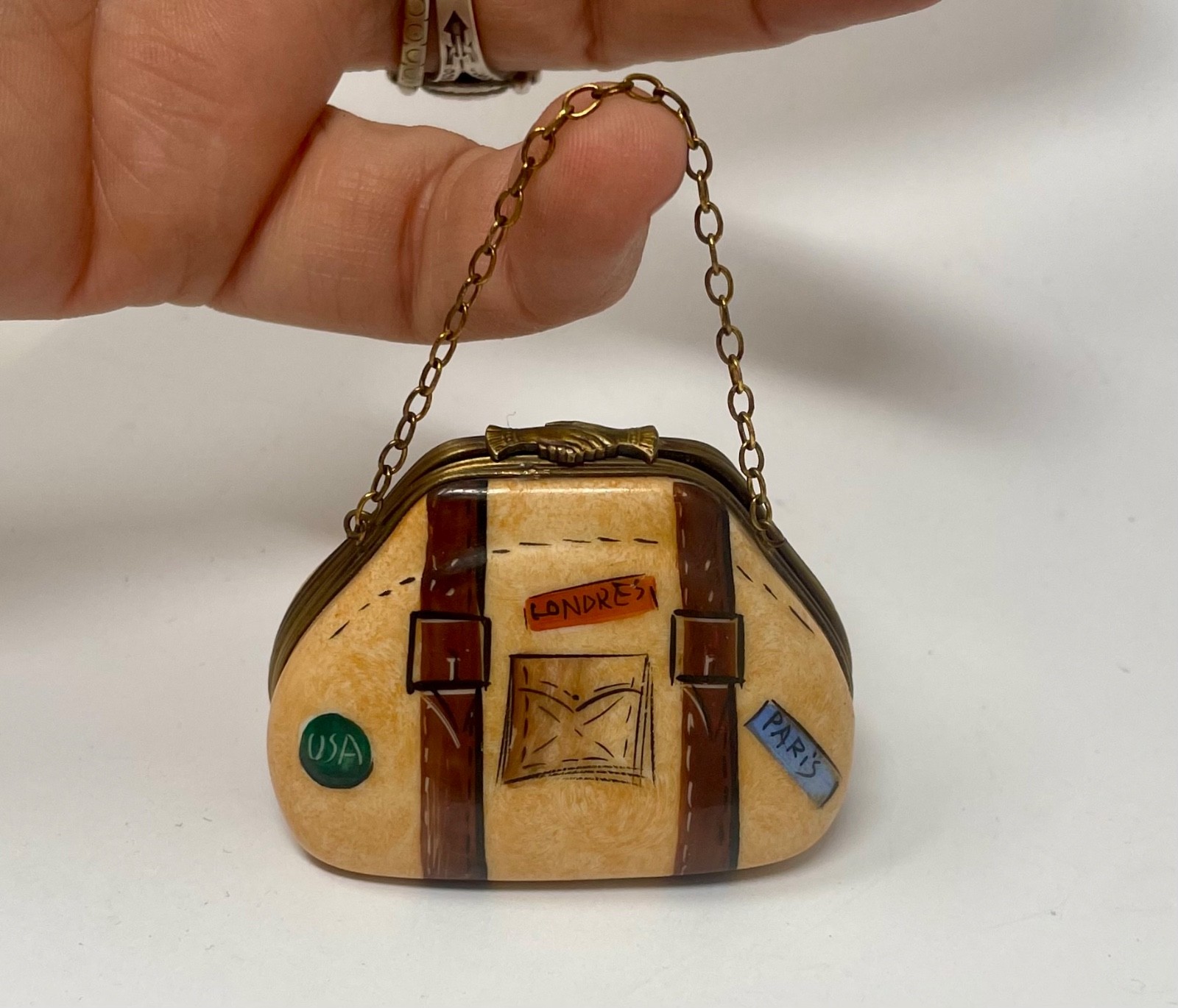Limoges France Peint Main Porcelain Hinged Trinket Box Bag Luggage Paris Limoges France Peint Main Porcelain Hinged Trinket Box Bag Luggage Paris
