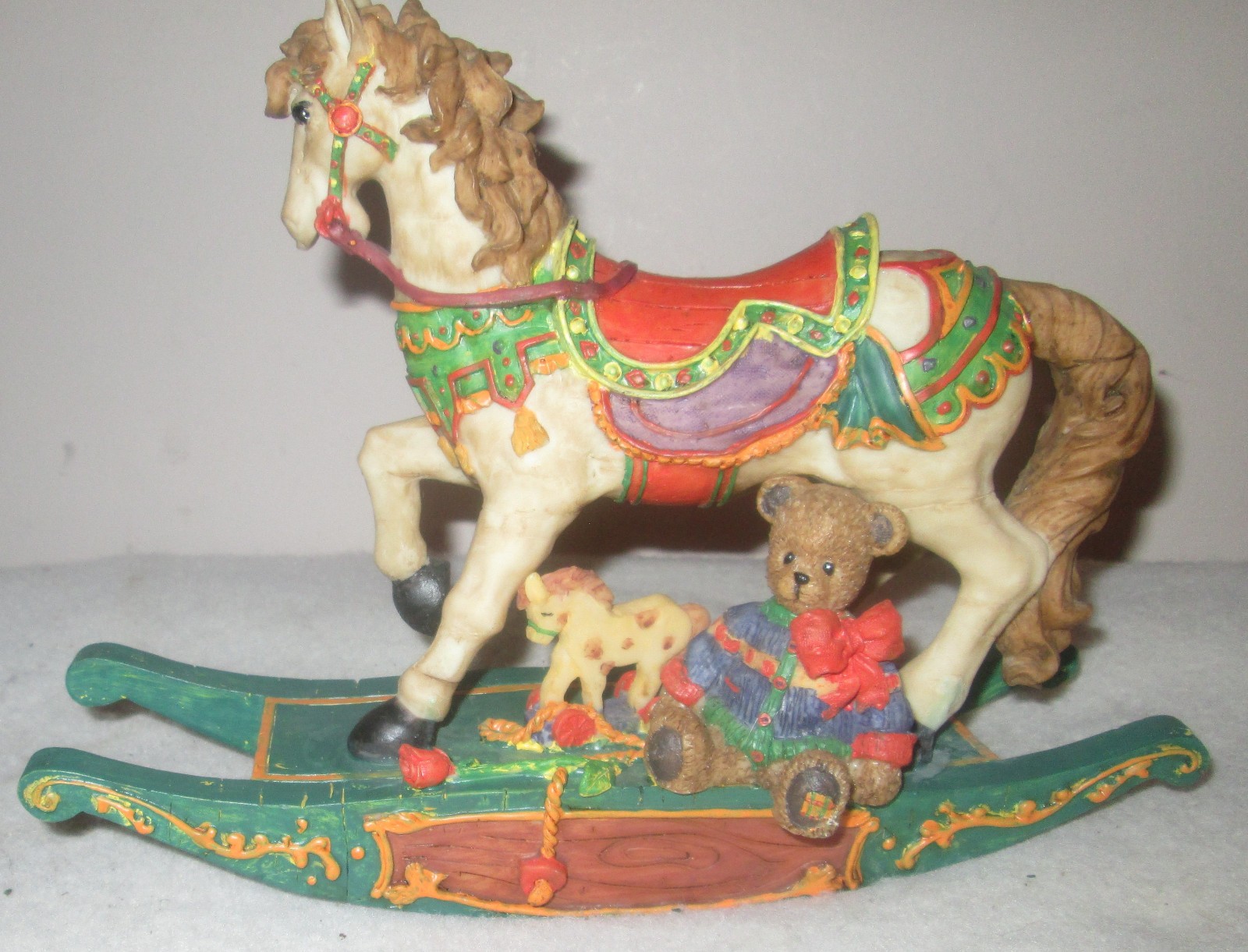 Vintage Rocking Horse Figurine with Baby Foal, Teddy Bear, and Roses Vintage Rocking Horse Figurine with Baby Foal, Teddy Bear, and Roses