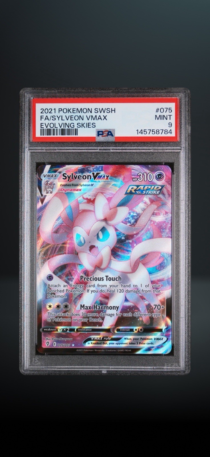 Pokémon 2021 Evolving Skies Sylveon VMAX Full Art 075/203 PSA 9 Cert Pokémon 2021 Evolving Skies Sylveon VMAX Full Art 075/203 PSA 9 Cert