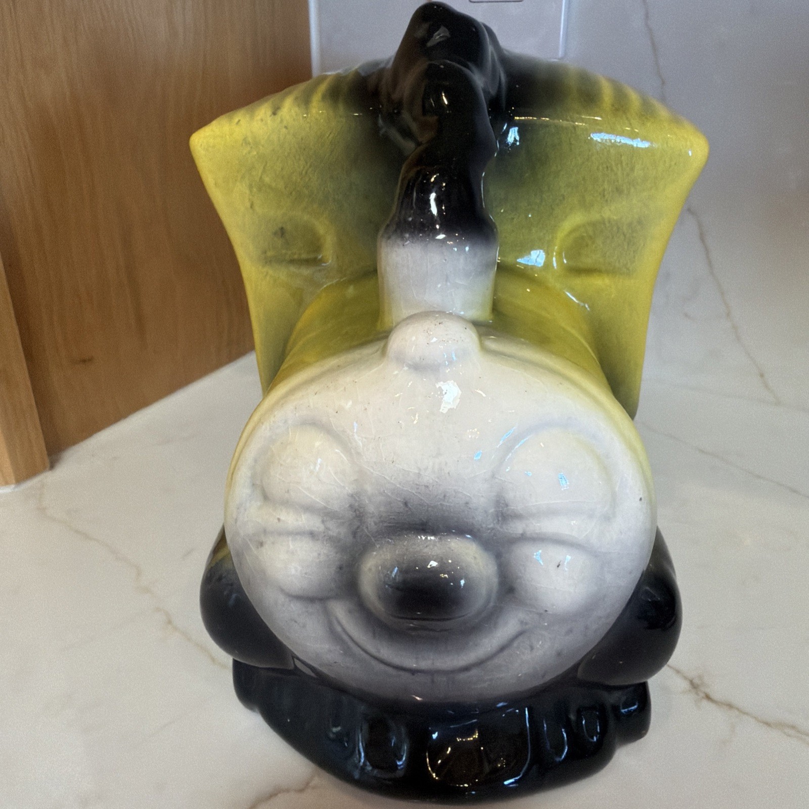 Rare Vintage Ceramic Happy face Train Coin Bank w/Coin Slot & Bottom Plug