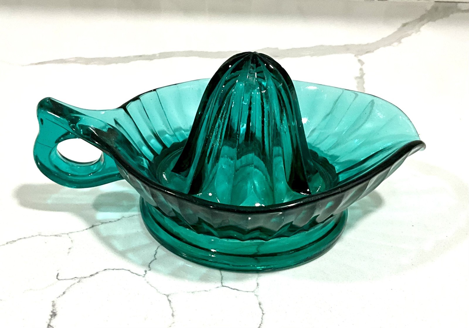 Vintage Jeanette Glass Ultramarine Reamer Glowing Uranium Teal Juicer Jennyware Vintage Jeanette Glass Ultramarine Reamer Glowing Uranium Teal Juicer Jennyware
