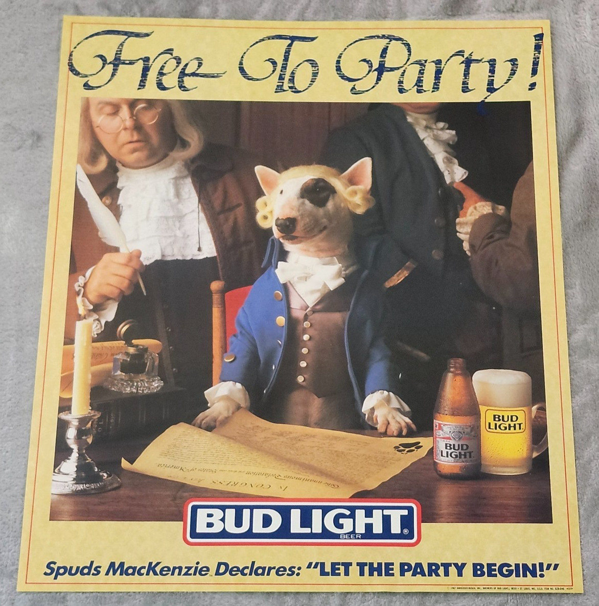 Vintage 1987 Bud Light Beer Spuds MacKenzie Free To Party American Rev Poster Vintage 1987 Bud Light Beer Spuds MacKenzie Free To Party American Rev Poster