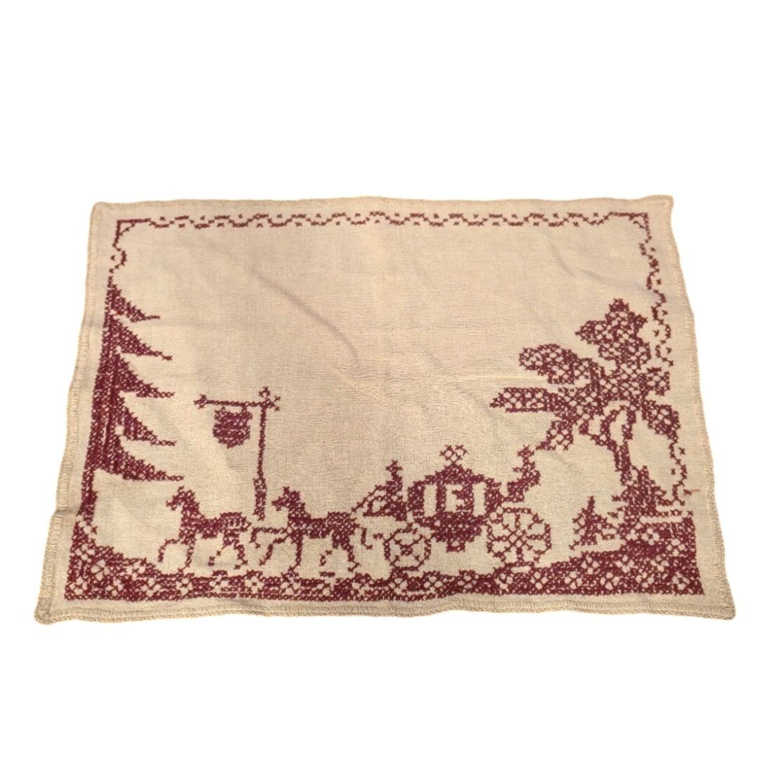 Vintage embroidered Placemat Carriage & Horses fairy tale burgundy Cream Linen Vintage embroidered Placemat Carriage & Horses fairy tale burgundy Cream Linen