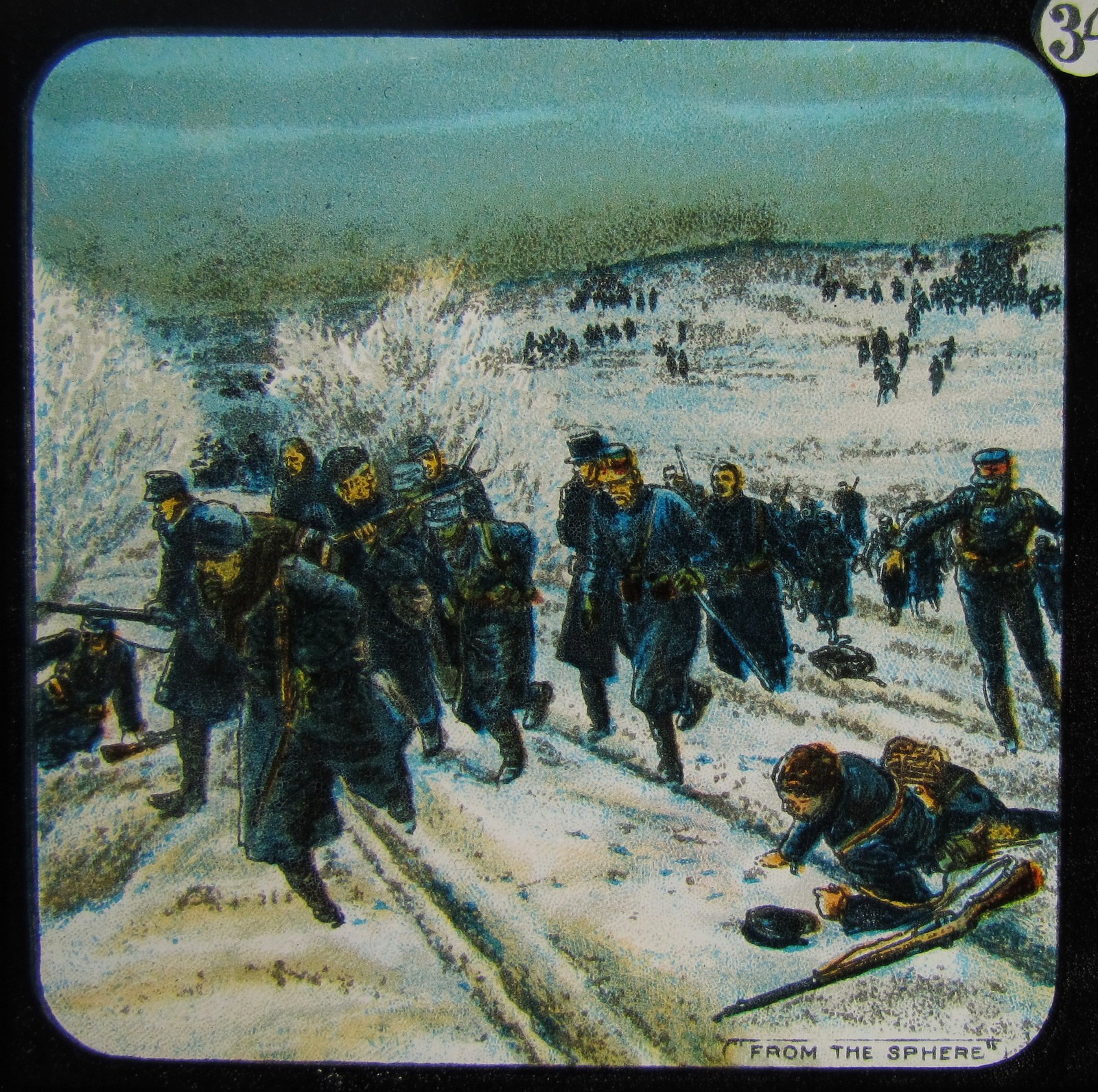 COLOUR Glass Magic Lantern Slide BATTLE SCENE - SOLDIERS RETREATING WW1