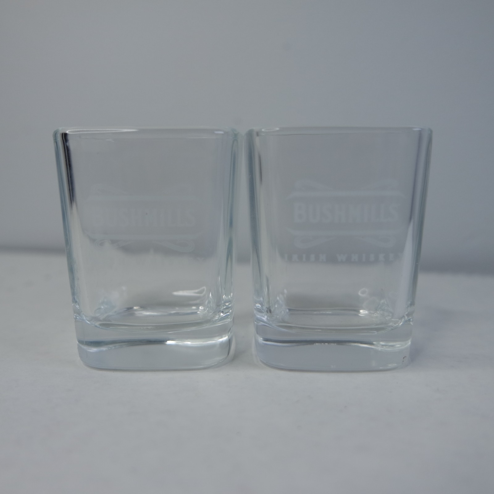 SET OF 2- VTG Bushmills IrishWhisky Shot Glasses Etched Square Made In USA RARE SET OF 2- VTG Bushmills IrishWhisky Shot Glasses Etched Square Made In USA RARE