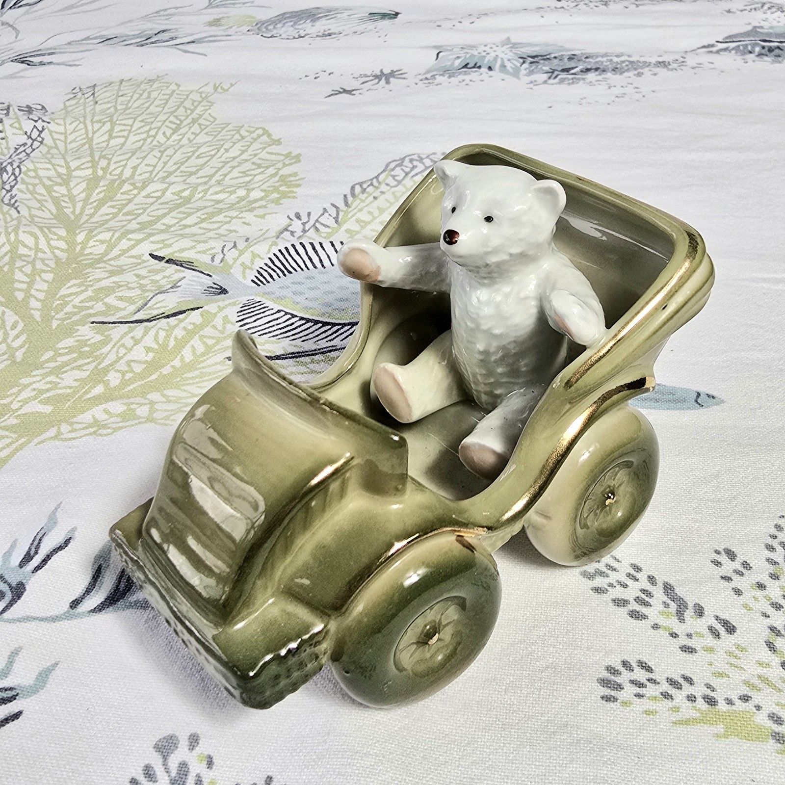 Antique Fairing German Porcelain Bear In A Car Figurine 