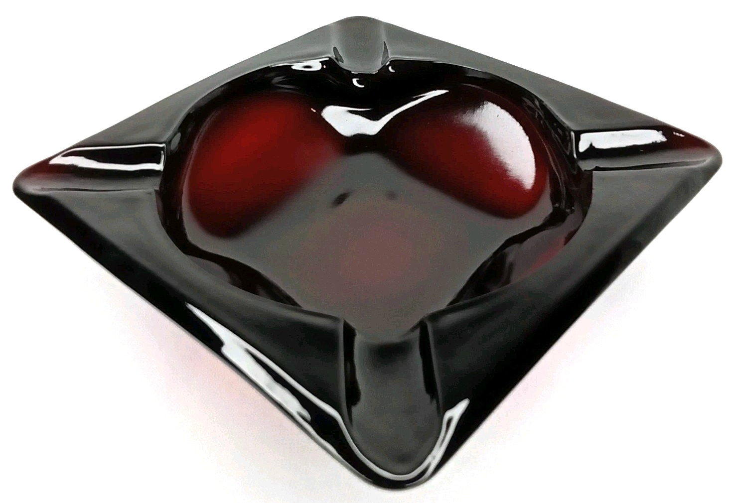 Antique 1940s Anchor Hocking Glass Ruby Red Large Square Ashtray Made In USA Antique 1940s Anchor Hocking Glass Ruby Red Large Square Ashtray Made In USA