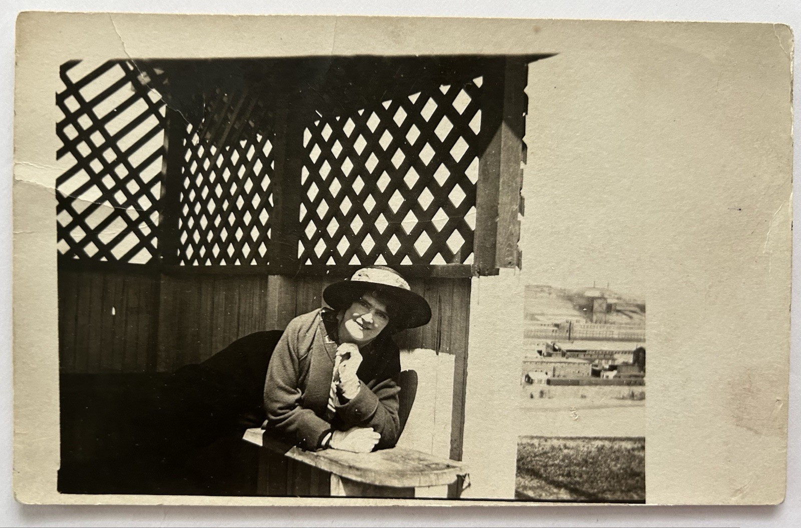 Vintage RPPC - Woman In Hat Lounging In Lattice Gazebo | Photo Postcard Vintage RPPC - Woman In Hat Lounging In Lattice Gazebo | Photo Postcard