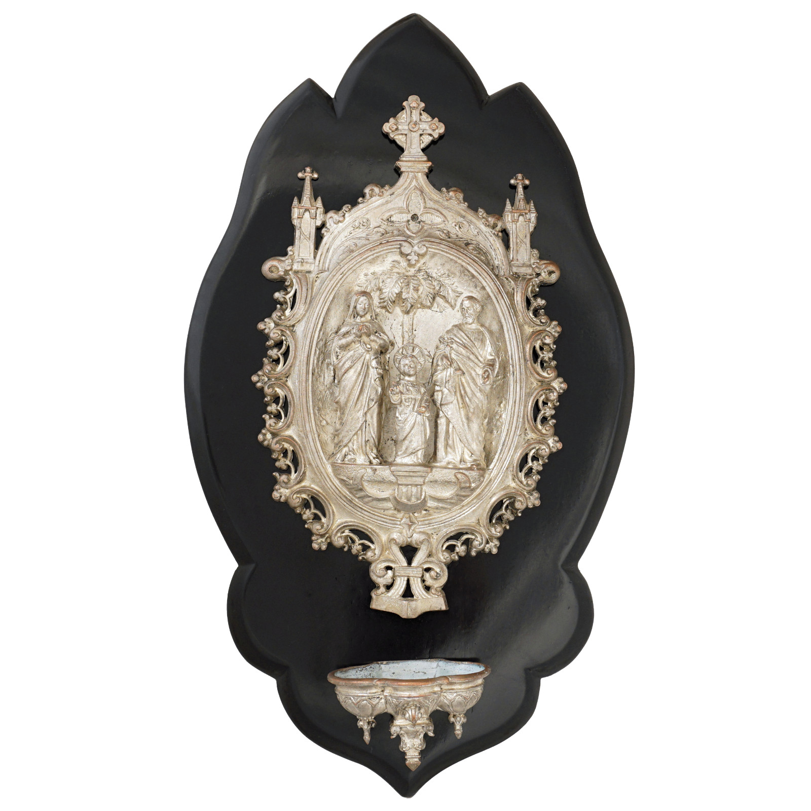 Antique French Silver Gilt Bronze Holy Family Religious Water Font Wall Plaque