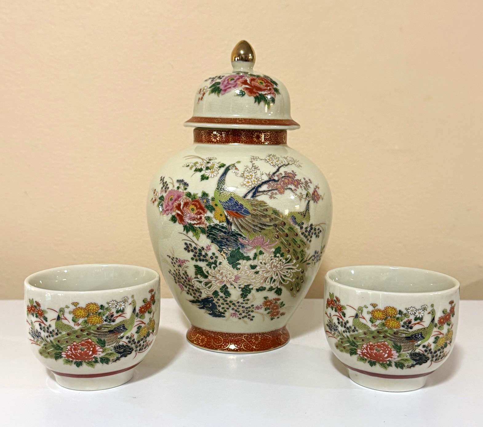 VTG 1979 Arnart Satsuma Jar with Lid & 2 Tea Cups | Peacock Floral Moriage Japan VTG 1979 Arnart Satsuma Jar with Lid & 2 Tea Cups | Peacock Floral Moriage Japan