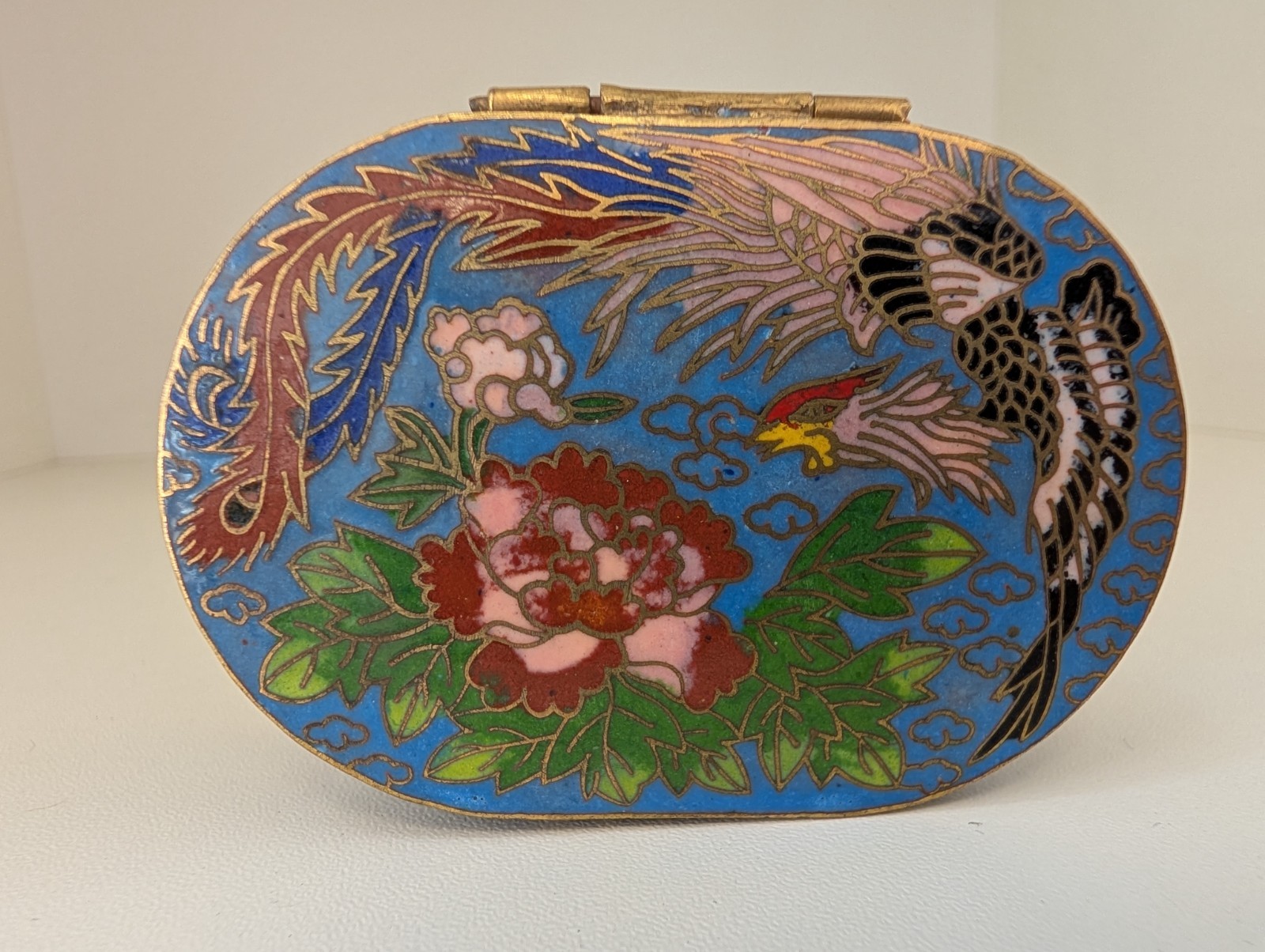 Vintage Chinese Cloisonne Enamel Phoenix Bird Peony Oval Hinged Trinket Box Vintage Chinese Cloisonne Enamel Phoenix Bird Peony Oval Hinged Trinket Box