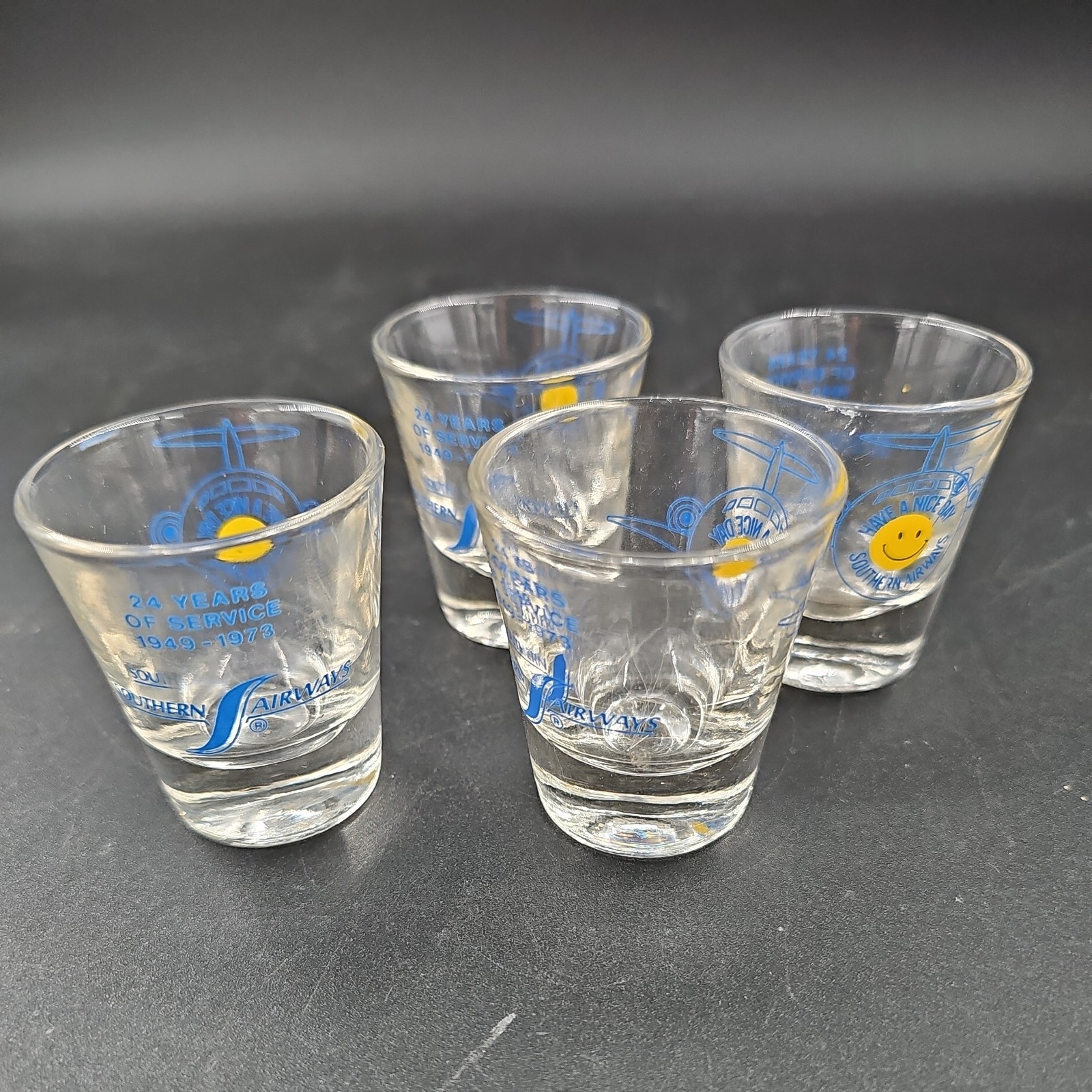 Vtg 70s Southern Airways  Shot Glasses Set Of 4  24yrs of service Aviation USA
