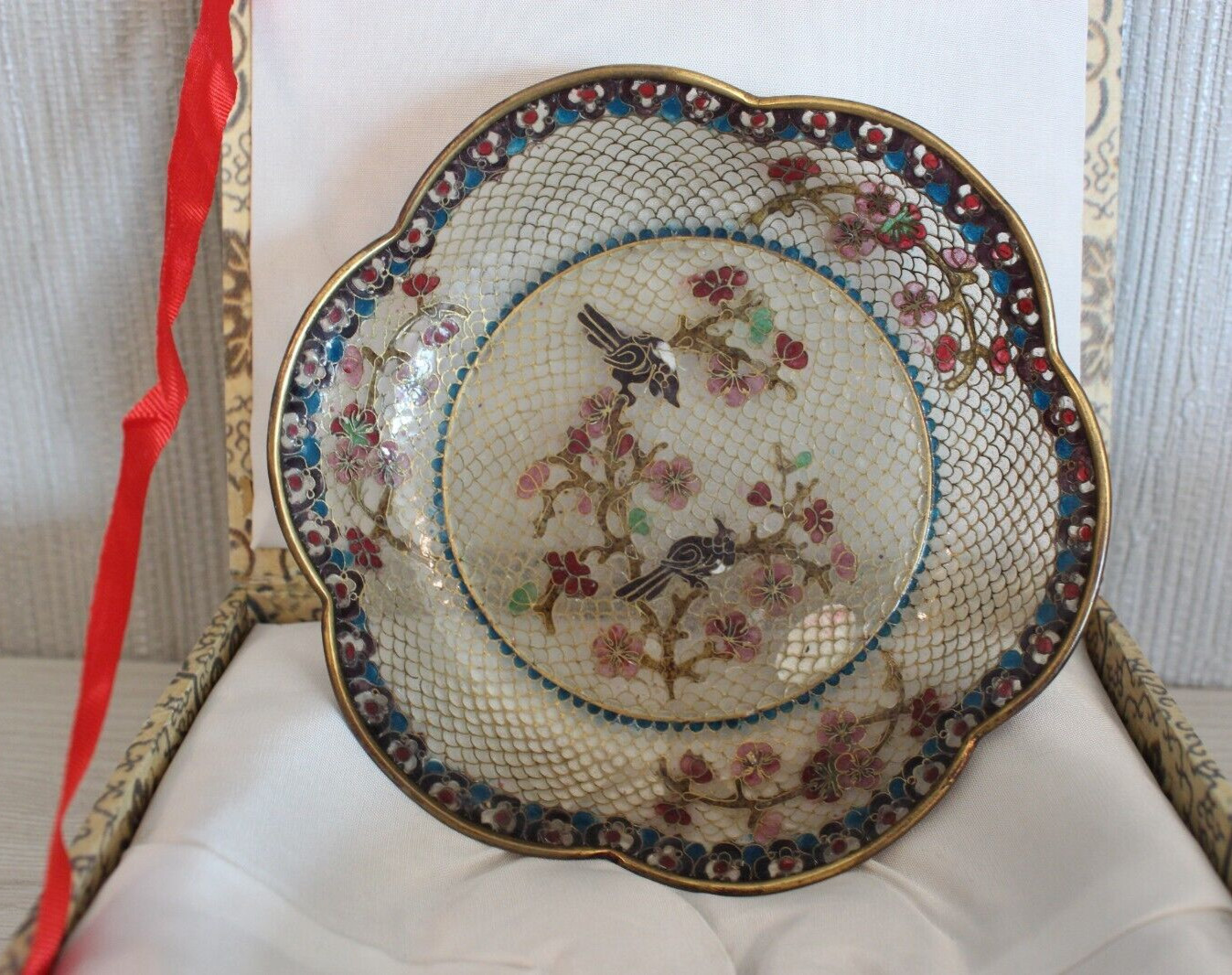 Vintage transparent Plique a Jour Chinese Cloisonne dish 4.75" with Box Birds