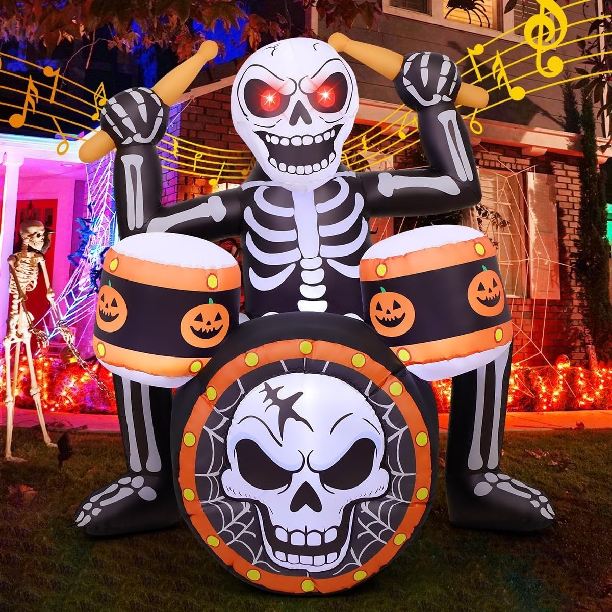 5FT Halloween Inflatable Rock Skeleton w/Music Built-in LED Lights Yard Decor