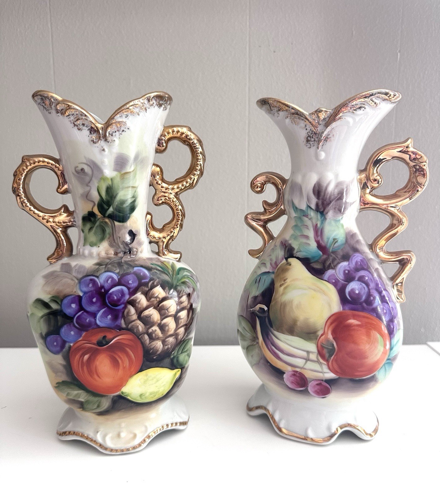 Vintage Hand-Painted Vases PAIR Fruit Motif With Gold Trimmed Handles Vintage Hand-Painted Vases PAIR Fruit Motif With Gold Trimmed Handles